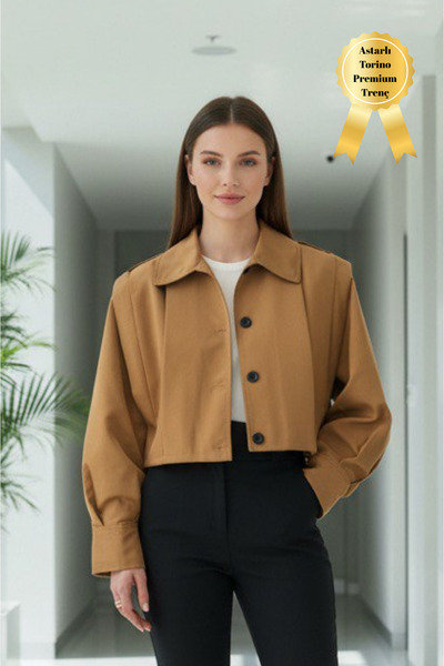 Modark Camel High Collar Buttoned Lined Design Short Trench Coat