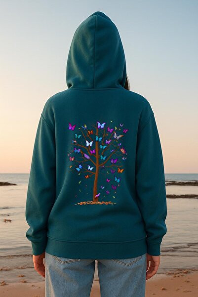 MELOOX Оверсайз суитшърт с качулка и графичен принт „Дърво с пеперуди“ – унисекс