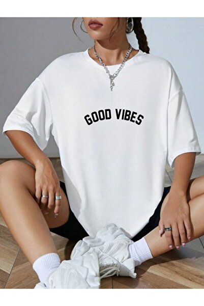 barsdepo تي شيرت مطبوع عليه Good Vibes، تي شيرت أبيض كبير الحجم للجنسين