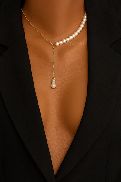 LIVOSH قلادة بتصميم قطرة اللؤلؤ وسلسلة كروية