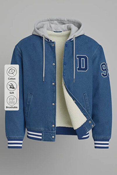 DAMGA JEANS Erkek Oversize Kışlık Kalın Mavi Kot Kolej Mont