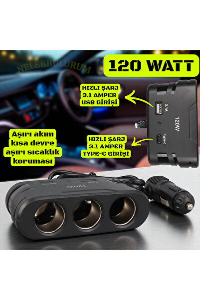 nelerbulurum TÜM ARAÇLARA UYUMLU HIZLI ŞARJ TYPE-C VE USB GİRİŞLİ 120W 80 CM ...