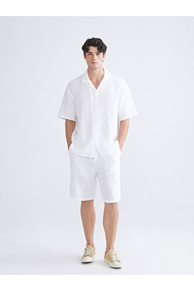 LC Waikiki New Season Comfortable Fit Resort Collar Short Sleeve Muslin Men's Shirt