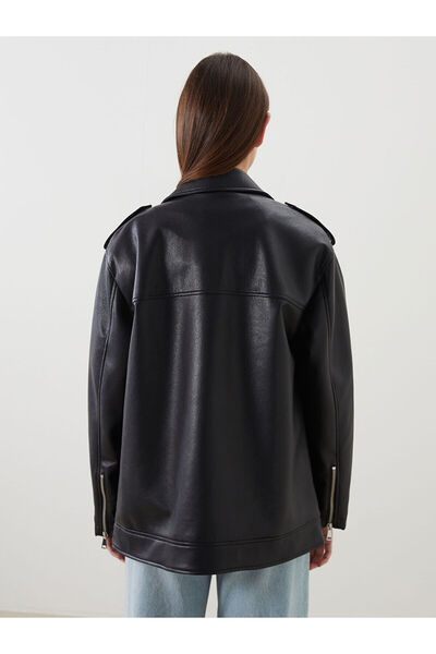 LC Waikiki Siyah Gömlek Yaka Oversize Kadın Deri Görünümlü Ceket