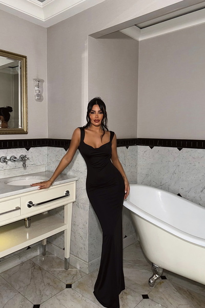 Eyyo Siyah Liliana Arkası Fiyonk Detaylı Elbise ATE-2134