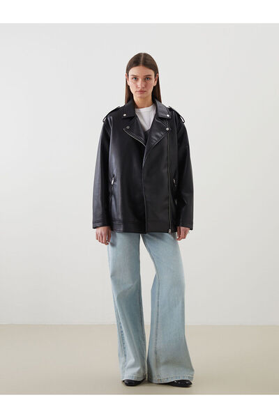 LC Waikiki Siyah Gömlek Yaka Oversize Kadın Deri Görünümlü Ceket