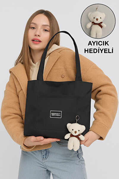 ateş3434 İKRA ÇANTA Siyah Kanvas Kumaş Fermuarlı 2 Ön Cepli Bez Çanta