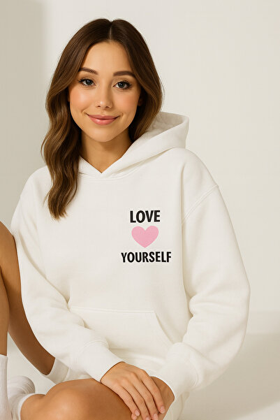 CLASSY.MODA Γυναικείο φούτερ με κουκούλα και τσέπη καγκουρό, oversize, με κείμενο LOVE YOURSELF στο μπροστινό μέρος, άνετο και casual