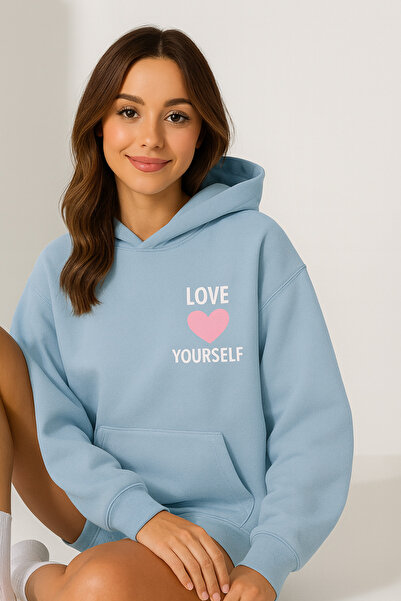 CLASSY.MODA Γυναικείο φούτερ με κουκούλα και τσέπη καγκουρό, oversize, με κείμενο LOVE YOURSELF στο μπροστινό μέρος, άνετο και casual