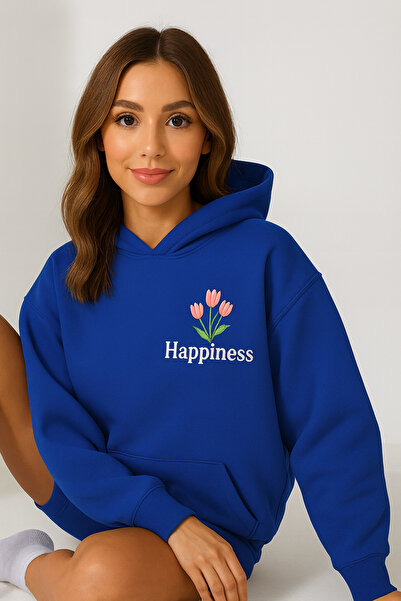 CLASSY.MODA Жіночий оверсайз-светр з капюшоном, кишенями та кенгуру спереду HAPPINESS З квітковим принтом, зручний для щоденного носіння