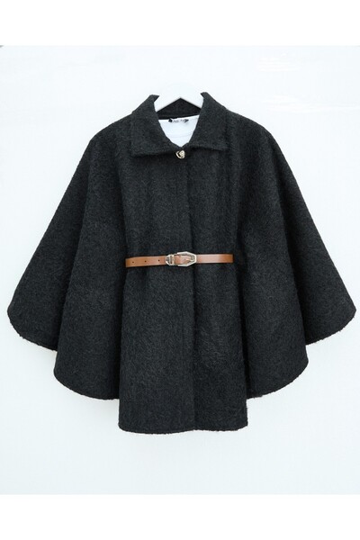 Modamorfo Single Button Belted Bearded Poncho -Black