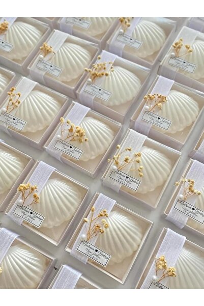 Modernsoft 12 Adet Beyaz Kraft Kutulu İstiridye Mum, Cipso Çiçek ve Etiket Detaylı. Düğün, Nişan, Kına, Doğum