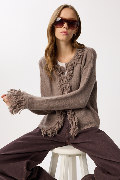 Lovelyİstanbul Fringed Knitwear Cardigan Lki̇0040 Vi̇zon