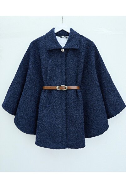 Modamorfo Single Button Belted Bearded Poncho - Navy