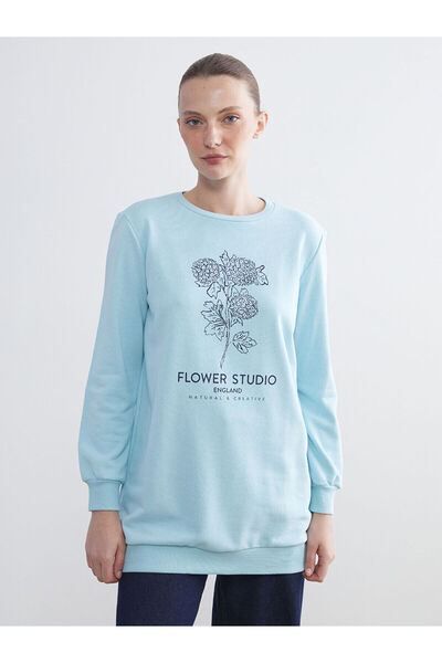 LC Waikiki Blue Crew Neck Floral Women's Sweatshirt Tunic