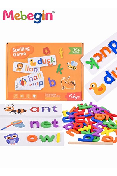 MEBEGIN Wooden Reading Alphabet Spelling Games with 28 Cards Letter Words Puz...