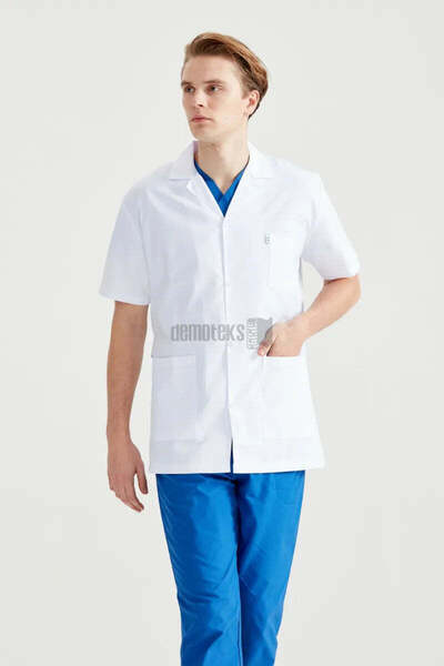 DEMOTEKS Men's white short medical lab coat uniform - with three pockets, short sleeves, lapel collar