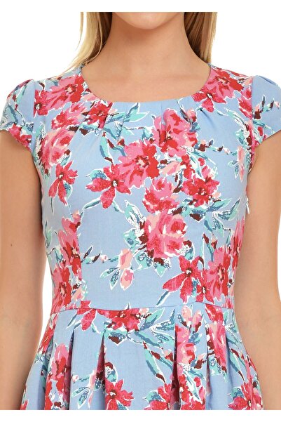 AD Fashion Rochie din in albastra cu imprimeu roz R085i943 - 40 EU