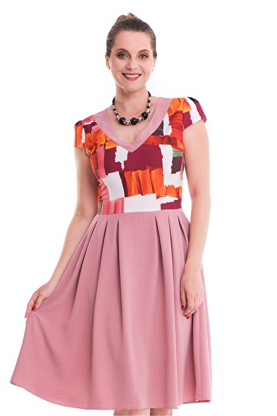 AD Fashion Rochie office cu bust cambrat multicolor si fusta in pliuri roz pu...