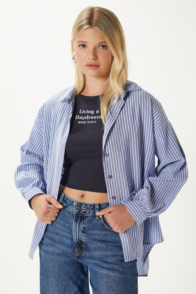 Ritnice Kadın Hayes Mavi Çizgili Oversize Gömlek