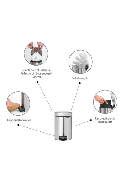 Brabantia NewIcon 649003 Pedal Bin, 3 l, Soft Close, Anti-Slip Base, No Fingerprint, Stainless Steel