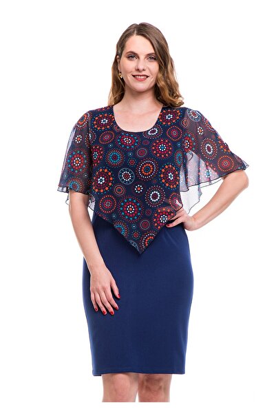 AD Fashion Rochie conica bleumarin cu capa din voal imprimat 001R127005 - 42 EU