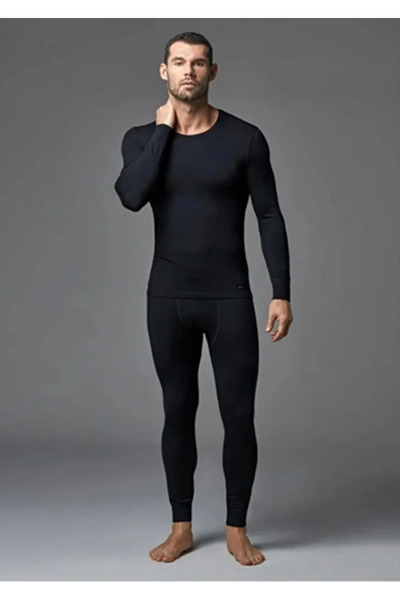 Line Smart Tutku Men's Black Thermal Thermal Underwear Set with Raised Pattern on the Bottom and Top for Winter