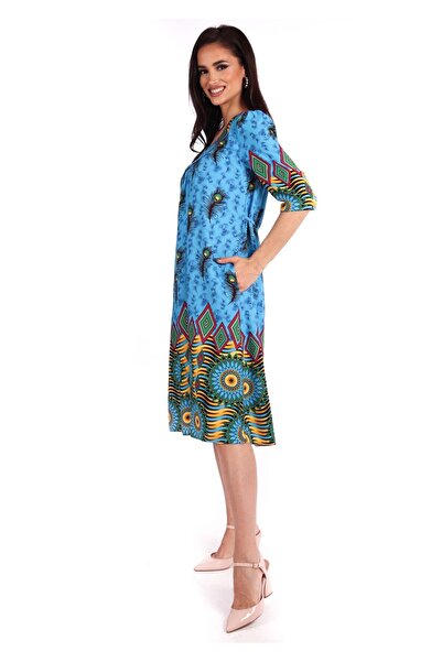 AD Fashion Rochie pe fond bleu cu snur la talie 43R1570i1570 - 44 EU