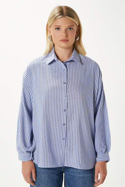 Ritnice Kadın Hayes Mavi Çizgili Oversize Gömlek