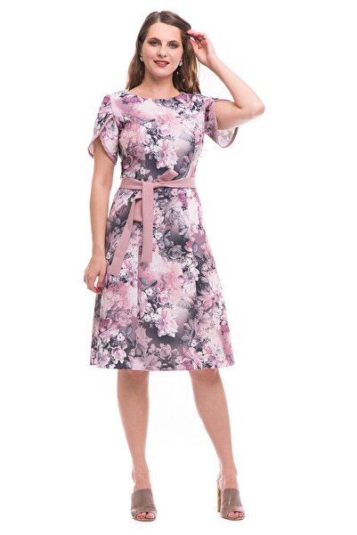 AD Fashion Dress in wedges with multicolor print and plain pastel pink cord at the waist 02R181i181 - 44 EU