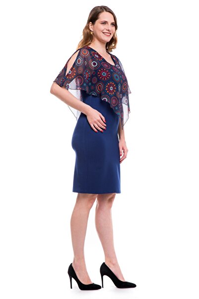 AD Fashion Rochie conica bleumarin cu capa din voal imprimat 001R127005 - 42 EU