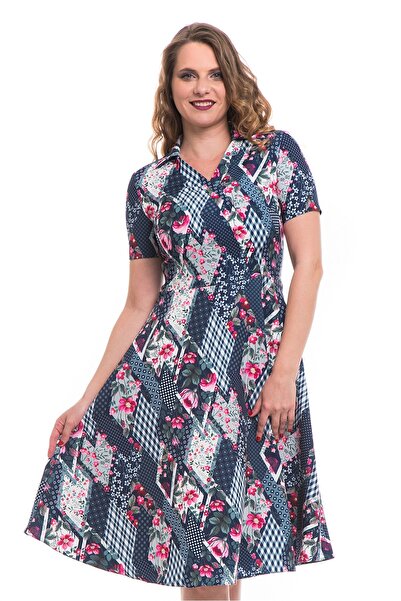 AD Fashion Geometric printed cloche dress with pink flowers and shirt collar ...