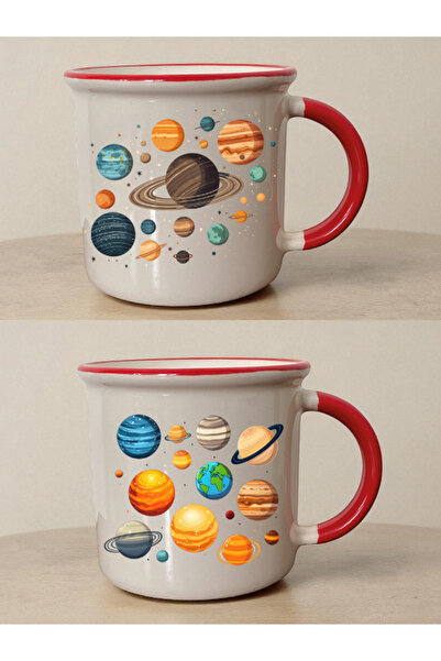 lili hediyelik Planet Printed 2-Piece Mug with Red Mouth - Gift Kitchenware, Gifts That Can Be Given to Teachers