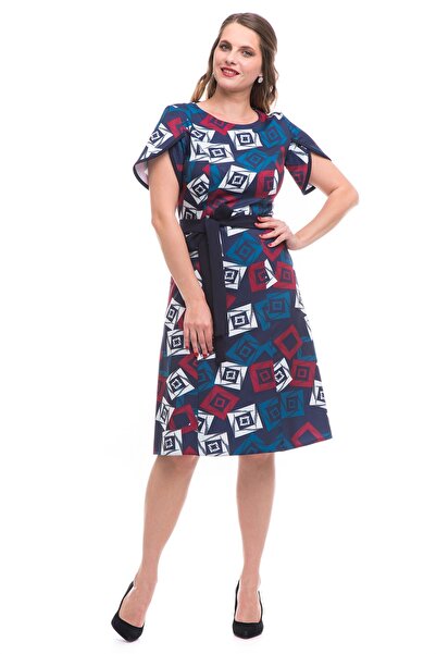 AD Fashion Multi-colored print wedge dress, accessorized with a plain navy blue cord at the waist 04R171i171 -