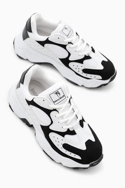 Tonny Black Women's White Black Mesh Comfortable Fit High Sole Lace-Up Sports Shoes