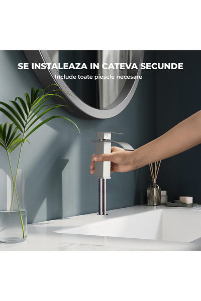 Elindor Baterie înaltă de lavoar argintie ®, tip cascadă, baterie modernă, 14 cm, finisaj cromat