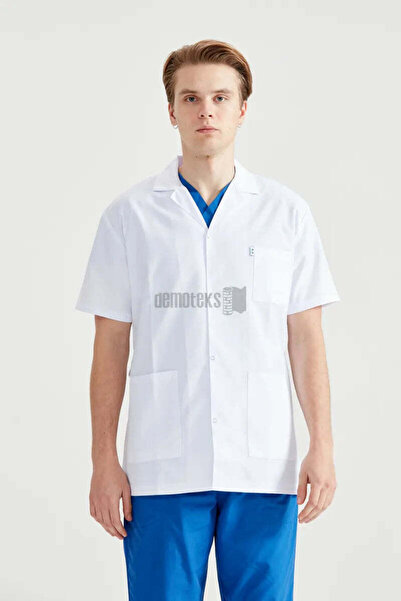 DEMOTEKS Men's white short medical lab coat uniform - with three pockets, short sleeves, lapel collar