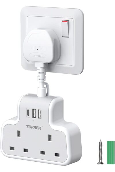 Generic TOPREK Multi Plug Adaptor with USB C, Double Plug Adapter UK, 5cm Short Extension Lead, Compact Wall
