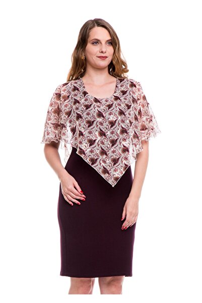 AD Fashion Rochie conica mov pruna cu capa din voal imprimat 001R112029 - 42 EU