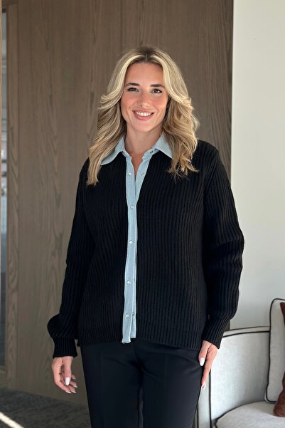 Laluvia Black Denim Cardigan with Snap Buttons - 231068