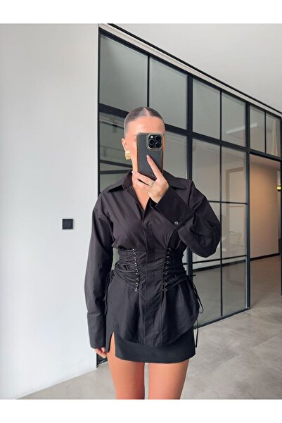 BB Bensu Buyruk KUŞGÖZLÜ İP BAĞLAMALI SİYAH TASARIM GÖMLEK