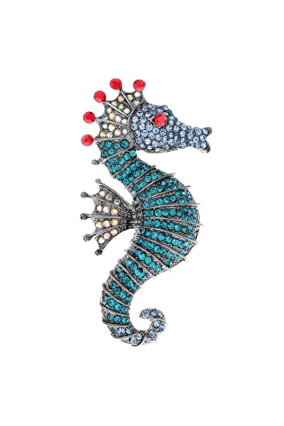 Pursehuit Καρφίτσα σε ασημί χρώμα, σε σχήμα ιππόκαμπου, με πέτρες, Andrew C2