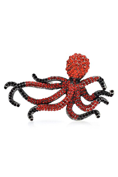 Pursehuit Καρφίτσα ασημί χρώματος, σε σχήμα χταποδιού, με κόκκινες πέτρες, Is...