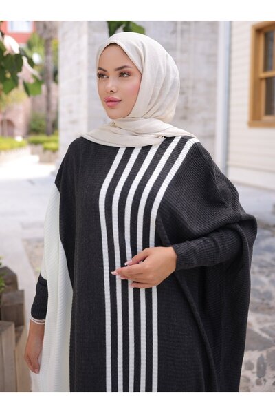 SAHRA BUTİK Side Striped Bat-Sleeve Knitted Dress - Anthracite -