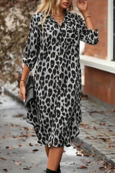 Mossta Modal Fabric Leopard Patterned Buttoned Midi Shirt Dress - Black