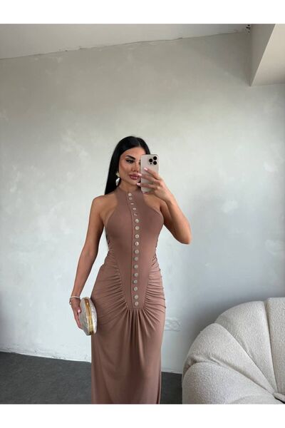 sajarsln Gümüş Düğme Detaylı Maxi Boy Büzgülü Elbise