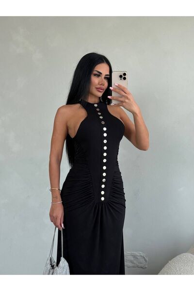 sajarsln Silver Button Detailed Maxi Length Shirred Dress