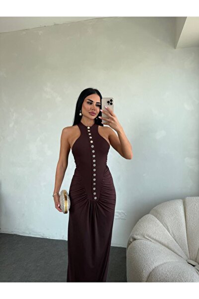 sajarsln Gümüş Düğme Detaylı Maxi Boy Büzgülü Elbise