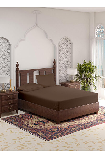 American Linen Queen Plain Fitted Elastic Bedsheet with 2 Pillow Cases 180 x 200 Cm (Coffee Brown)