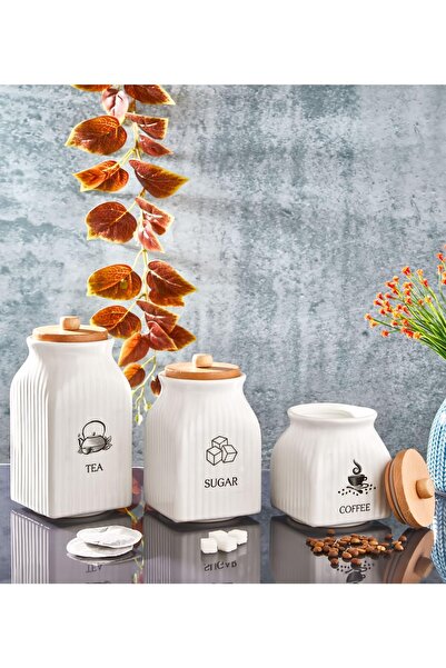 İLİVA 3' Lü Vakumlu Ahşap Kapaklı Beyaz Kavanoz Seti Takımı Baharat Çay Tuz Ş...